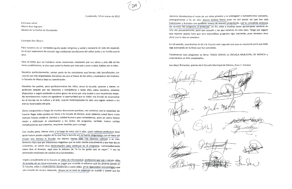 Papás y mamás denuncian malos tratos en carta dirigida al alcalde Alvaro Arzú.