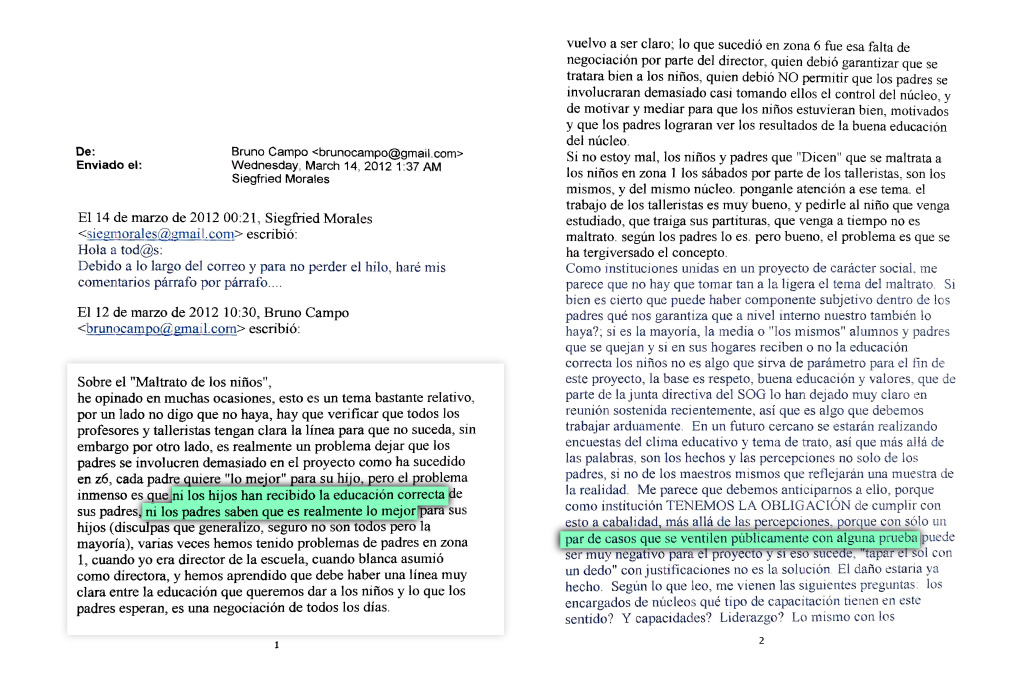 Correspondence between Bruno Campo and Siegfried Morales. Highlighted in green: “…the kids don’t have the right upbringing from their parents, and their parents don’t know what’s really best for their kids… a couple of cases that leak to the public with 
